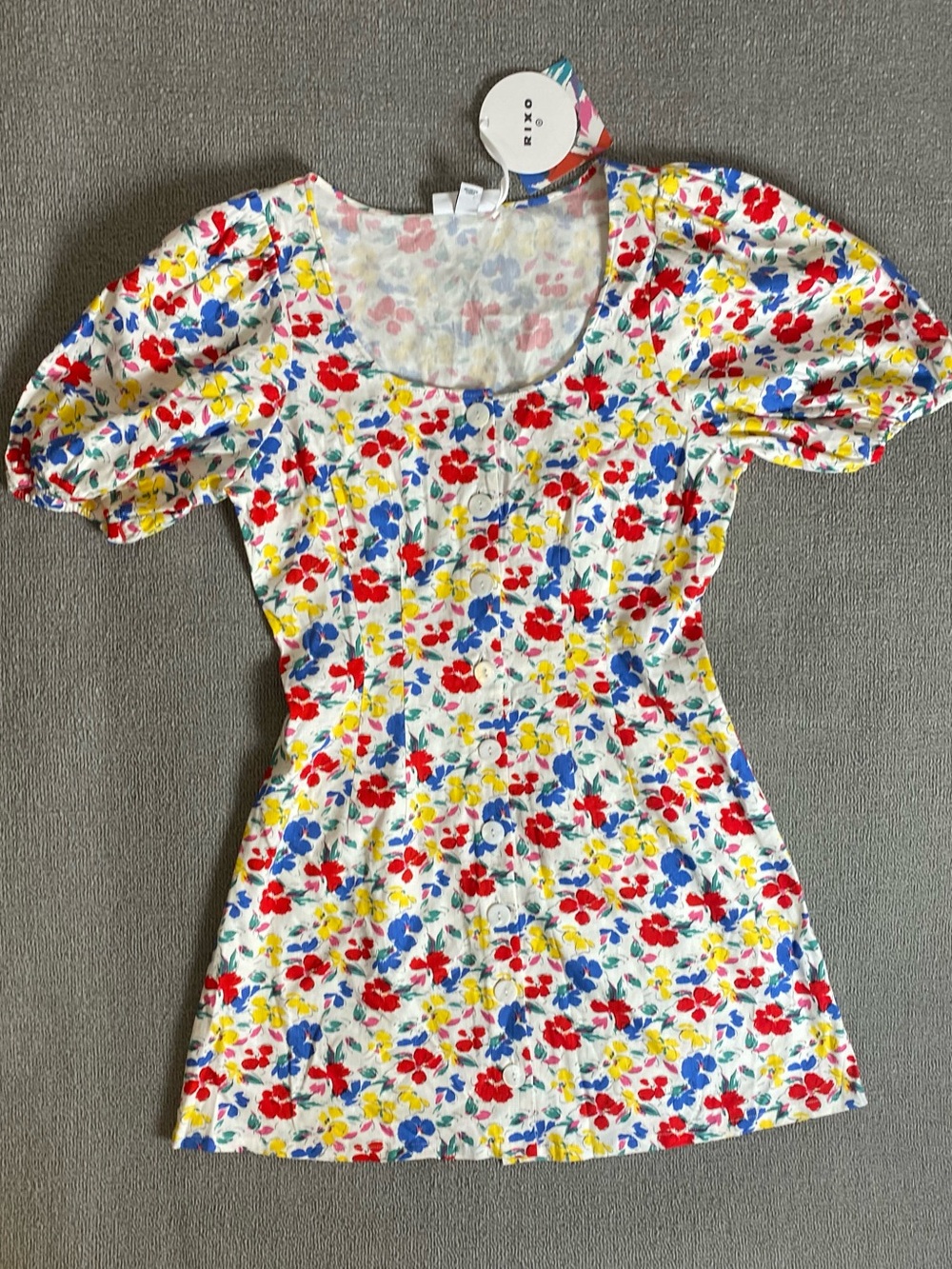 Rixo Floral Linen Blend Mini Summer Dress Puff Sleeves- Bold Spring Whimsical